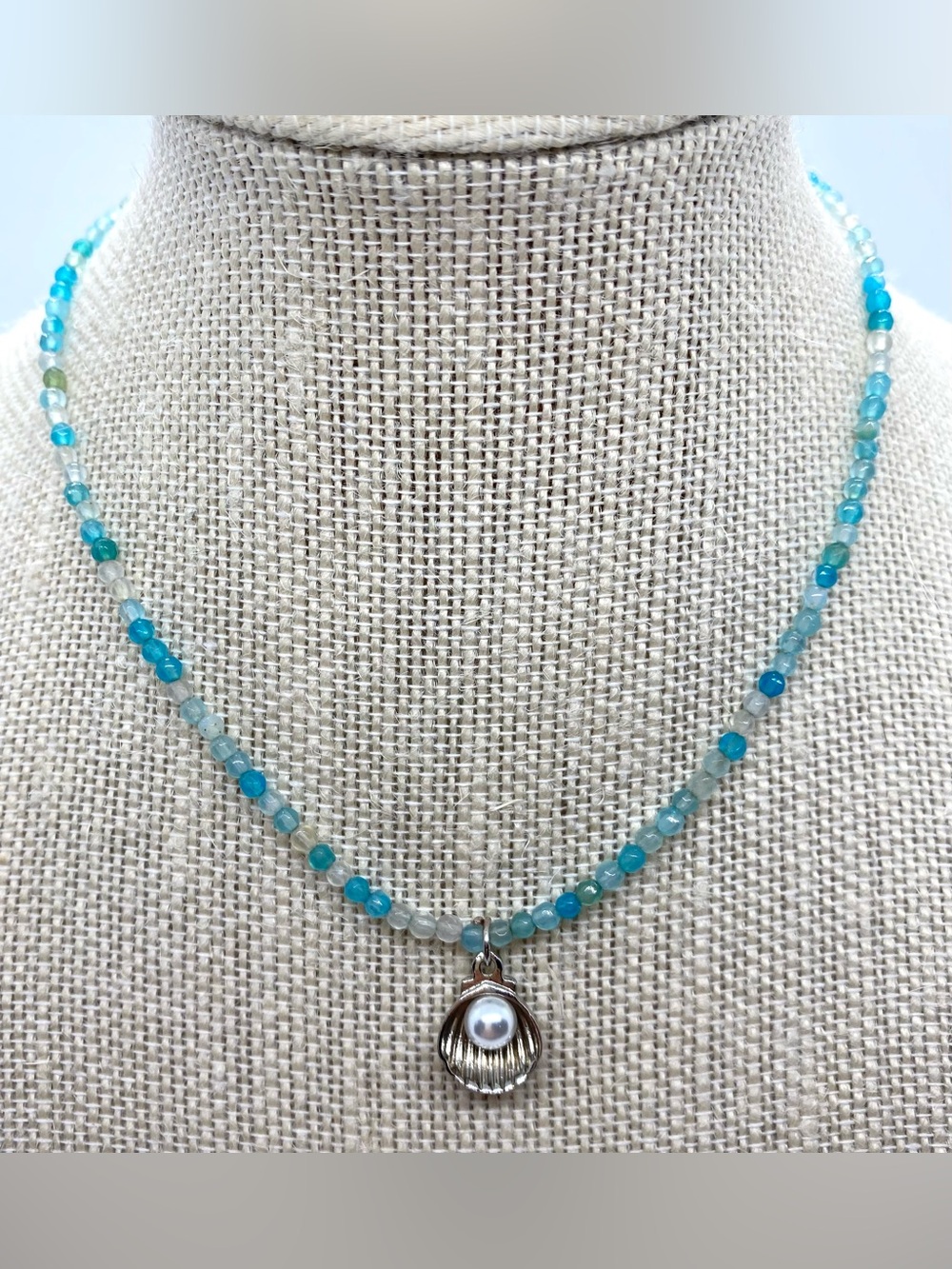 Blue Beaded Necklace Silver Pearl Charm Boho Y2K Fairy Festival Coastal Beach - Picture 3 of 12